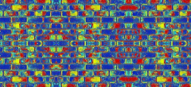 Kaleydoskopik renkli blok kiremit deseni, tuğla duvarı taklit ediyor 