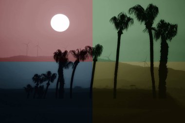 Kıbrıs Rum Kesimi 'ndeki kuru tuz gölü üzerinde yaz aylarında palmiye ağaçlarının siluetleriyle günbatımının arka planında rüzgar enerjisi jeneratörlerinin dört renkli monokrom görüntüsü 