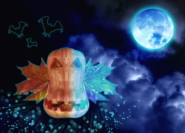 Citrouille Halloween Flamboyante Chauves Souris Mystiques Illuminées Par Pleine Lune — Photo