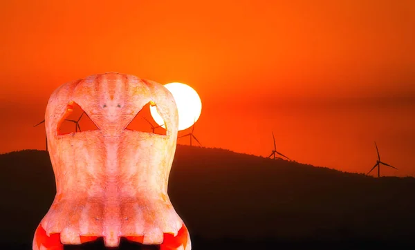 Halloween Pompoen Achtergrond Van Windgeneratoren Bij Zonsondergang Boven Droog Zoutmeer — Stockfoto
