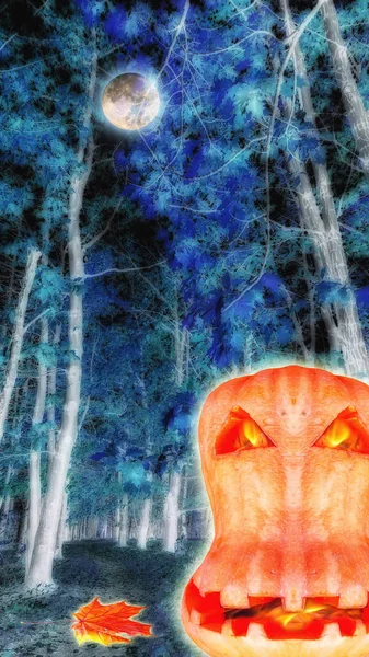 Halloween Pompoen Gezicht Achtergrond Van Nacht Herfst Steeg Van Eiken — Stockfoto