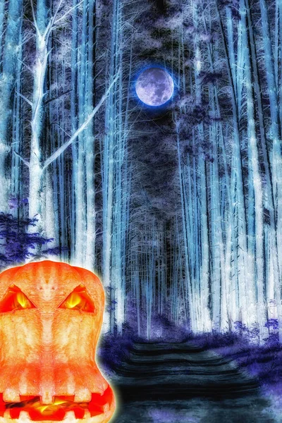 Spooky orange face of halloween pumpkin with fire in eyes and mouth on background of night tree alley in forest