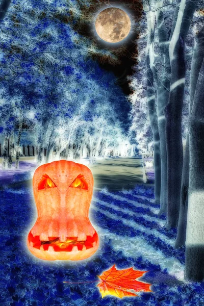 Fantasie Collage Van Griezelig Oranje Gezicht Van Halloween Pompoen Met — Stockfoto