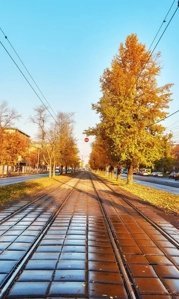 Camino Tranvía Callejón Del Árbol Oro Otoño Moscú —  Fotos de Stock