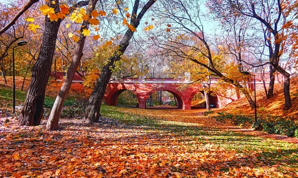 Golden Maple Bomen Herfst Stadsparken Moskou Met Bakstenen Boogbrug — Stockfoto
