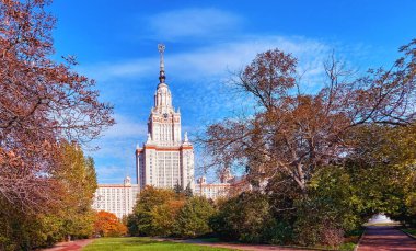 Moskova 'da mavi gökyüzünün altında güneşli kampüste sonbahar parkı ağaçları
