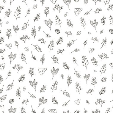 Siyah çiçek unsurları broşürleri kelebek güveleri yaban mersini ve kızılcık üzümlerini beyaz izole edilmiş arka plan el yapımı vektör çizimi düz desenli