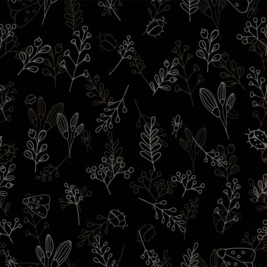 Elle çizilmiş dalların kusursuz deseni çiçek elementleri. Yaban mersini yabanmersini, böcek güvesi, kelebek, Rowan Rowan otunun koyu arkaplan hatları. Vektör stok illüstrasyonu.