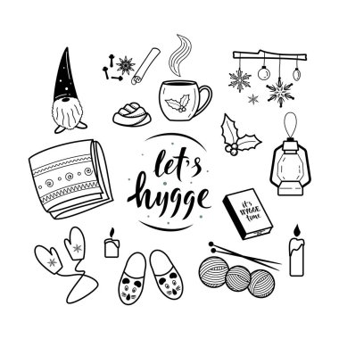 Büyük bir hygge yaşam tarzı konforlu elementler. Hygge yapalım. Tebrik kartları, posterler, çıkartmalar ve mevsimlik tasarımlar için kış öğeleri. Beyaz arka planda izole edilmiş. Noel süslemeleri