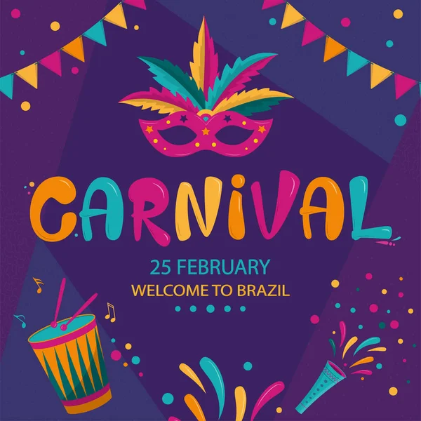 Carnaval Poster Ontwerp Met Donkere Geometrische Achtergrond Rio Carnaval Kleurrijke — Stockvector