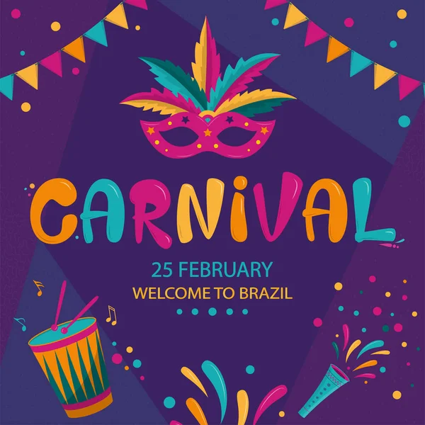 Carnaval Diseño Póster Con Fondo Geométrico Oscuro Carnaval Río Colorida — Vector de stock