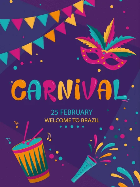 Carnaval Verticale Poster Ontwerp Met Donkere Geometrische Achtergrond Rio Carnaval — Stockvector