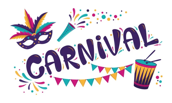 Carnaval Poster Ontwerp Rio Carnaval Inscriptie Met Masker Slinger Trommel — Stockvector