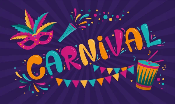 Carnaval Poster Ontwerp Met Donker Paarse Achtergrond Rio Carnaval Kleurrijke — Stockvector