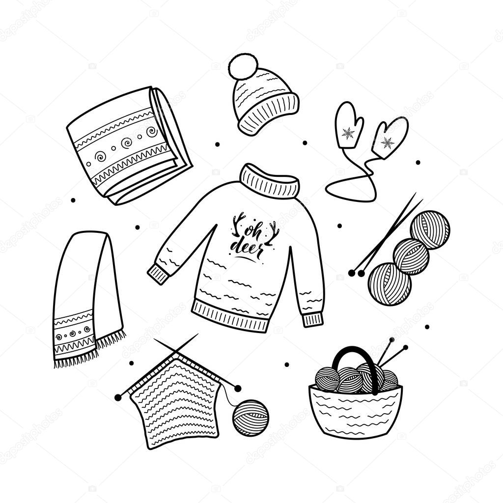 Big set of knitting elements. For greeting cards, posters, stickers, logo,  labels, tag,  seasonal design. Isolated on white. Sweater, plaid, scarf, hat, mittens, wool balls, knitting basket, needles