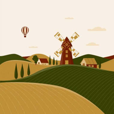 Yel değirmeni ve çiftlik evleri olan kırsal alan. İtalyan kırsalının vektör çizimi. Tuscany 'de bahar manzarası. Tarlaları, tepeleri ve selvileri var. Gökyüzünde balon. Düz dizaynlı poster