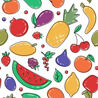 Taze organik yaz meyveleri ve beyaz böğürtlenli kusursuz desen. Dekoratif vektör arka planı düz stil reklam ve promosyon için. Sağlıklı yiyecekler. Sulu meyveler.