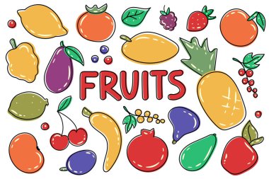 Rengarenk taze organik yaz meyveleri ve meyveleri. Reklam ve tanıtım için dekoratif vektör çizimi. Sağlıklı yiyecekler. Sulu meyve koleksiyonu. Taze gıda tasarımı yalıtılmış elementler.