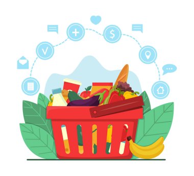 Online market alışverişi ve teslimat konsepti. Market ürünleriyle dolu kırmızı plastik bir sepet. Marketten. Sağlıklı organik taze doğal besin. Süpermarket. Çevrimiçi sipariş / dağıtım simgeleri