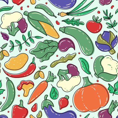 Sebzeler dikişsiz desen. Sağlıklı yemek geçmişi. Taze, organik, ekolojik sebzeler. Vejetaryen ve vejetaryen yemekleri. Vektör çizimi. Restoran menüsü için harika bir zemin, sağlıklı yemek konsepti..