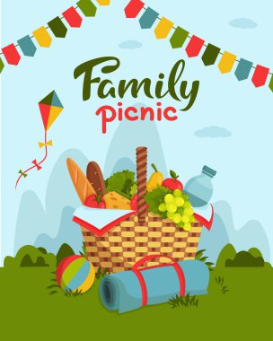 Aile piknik konsepti. Sağlıklı yiyeceklerle dolu hasır piknik sepeti, piknik battaniyesi, uçurtma, çimlerin üzerinde top. Bir şişe su, meyve, peynir, baget, sebze. Poster ve afiş için vektör illüstrasyonu.