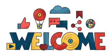 Welcome banner. Bright multi-colored welcome sign on white background with social media icons. Team work. Online community. Vector Illustration. Web page or social media banner, poster, header. clipart