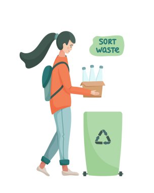 Eko vektör çizimi. Sıfır israf yaşam tarzı. Plastik su şişeleri olan genç bir kadın ziyan oluyor. Çevre dostu bir karakter. Gezegeni kurtar. Plastik yok. Bastır Green. Düz izole tasarım.