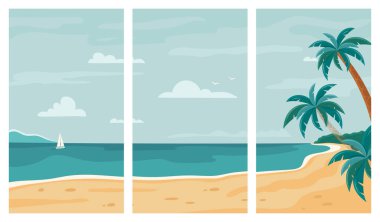 Yazlık plaj arka planında metin için kopyalama alanı olan vektör seti. Pankartlar, posterler, kapak tasarımı şablonları, sosyal medya hikayeleri duvar kağıtları için. Palmiye ağaçları ve yatı olan tropik deniz kıyısı.