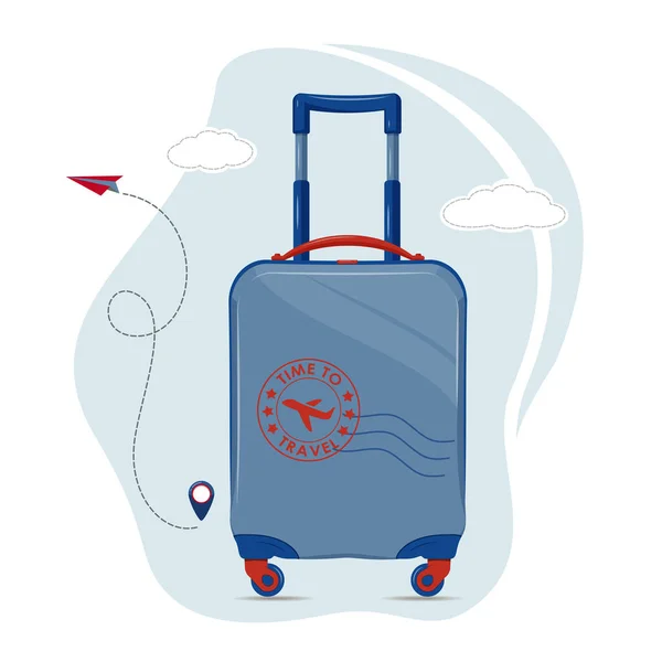 Utazó Bőrönd Izolált Vektor Műanyag Világoskék Utazási Bőrönd Kerekeken Repülőgép — Stock Vector
