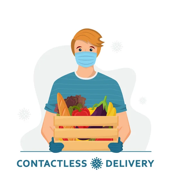 Contactless food delivery during coronavirus outbreak. Delivery man in a medical mask and gloves delivering grocery order. Non-contact delivery . Self isolation lifestyle. Express grocery delivery.