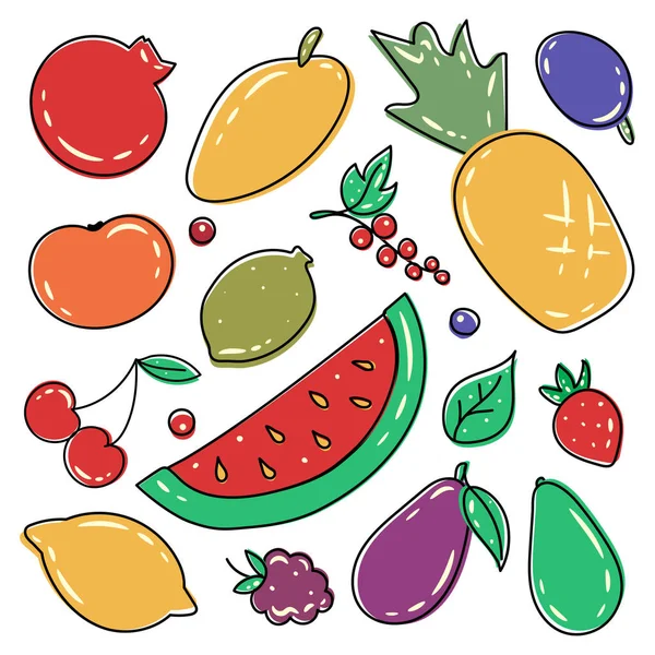 Set Von Handgezeichneten Bunten Früchten Und Beeren Frische Bio Sommerfrüchte — Stockvektor