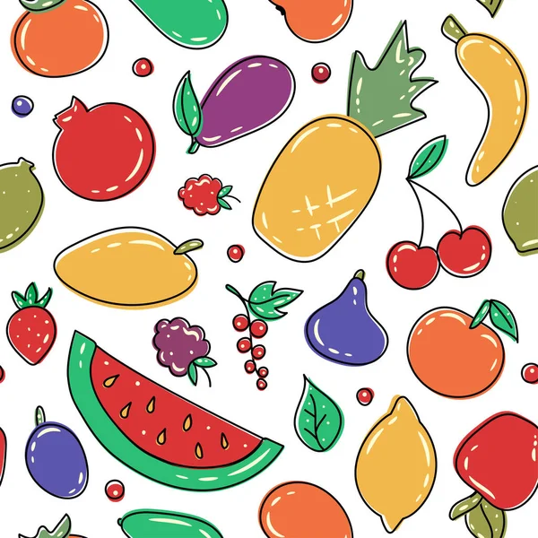 Taze organik yaz meyveleri ve beyaz böğürtlenli kusursuz desen. Dekoratif vektör arka planı düz stil reklam ve promosyon için. Sağlıklı yiyecekler. Sulu meyveler.