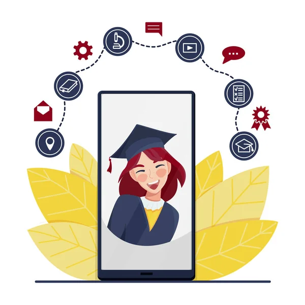 Ευτυχισμένη Φοιτήτρια Ακαδημαϊκό Φόρεμα Και Καπέλα Αποφοίτησης Class 2020 Online — Διανυσματικό Αρχείο