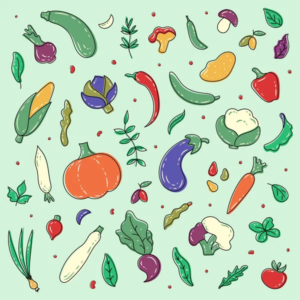 Velká Sada Ručně Kreslené Barevné Zeleniny Bylin Kukuřice Chilli Dýně — Stockový vektor