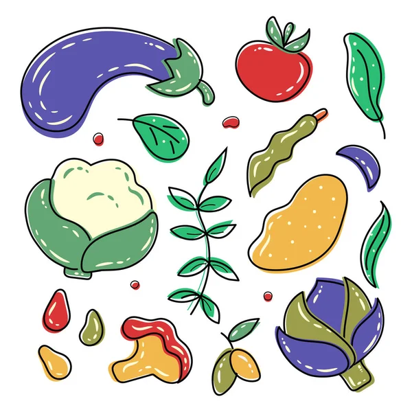 Sada Ručně Kreslené Barevné Zeleniny Bylin Lilek Rajčata Květák Brokolice — Stockový vektor