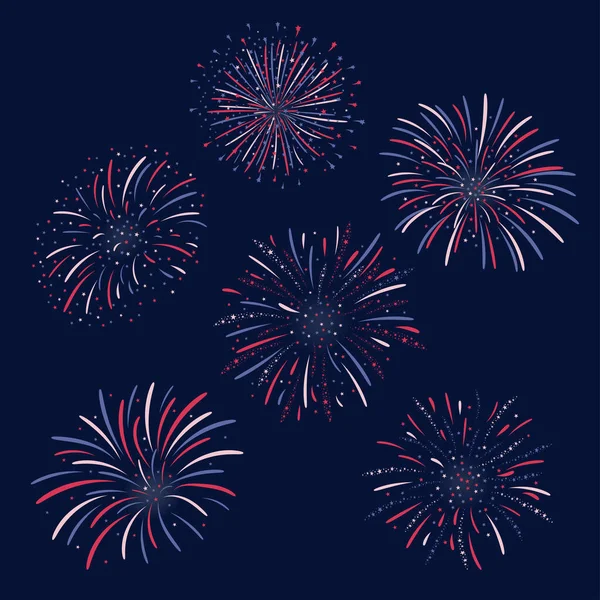 濃い青の背景にベクトル花火のデザインのセット アメリカ独立記念日の7月4日 アメリカ国旗カラー花火大会 — ストックベクタ