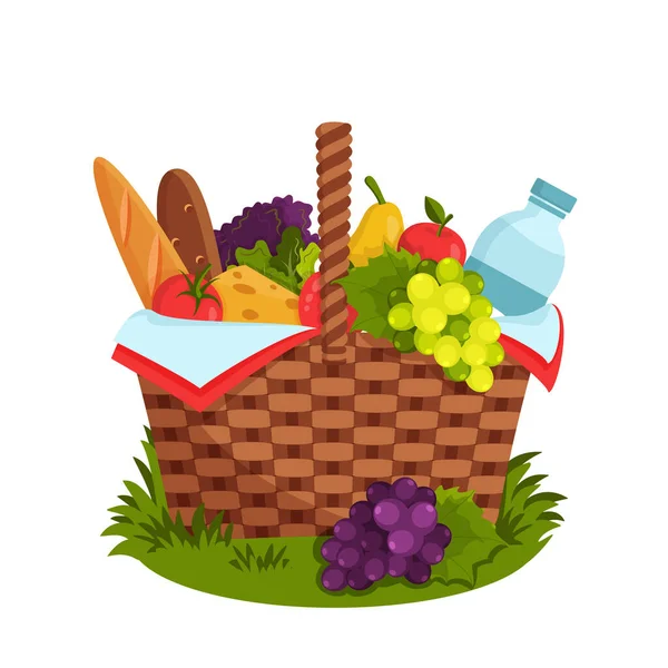 Wiklinowy Kosz Piknikowy Pełen Zdrowej Żywności Kosz Piknikowy Trawie Butelka — Wektor stockowy