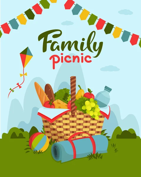 Koncepcja Pikniku Rodzinnego Wiklinowy Kosz Piknikowy Pełen Zdrowej Żywności Koc — Wektor stockowy