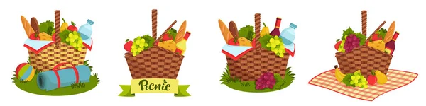 一套装满健康食品的柳条箱野餐篮 水果和蔬菜 野餐毛毯和球 向量图以平板格式显示 家庭户外活动 — 图库矢量图片
