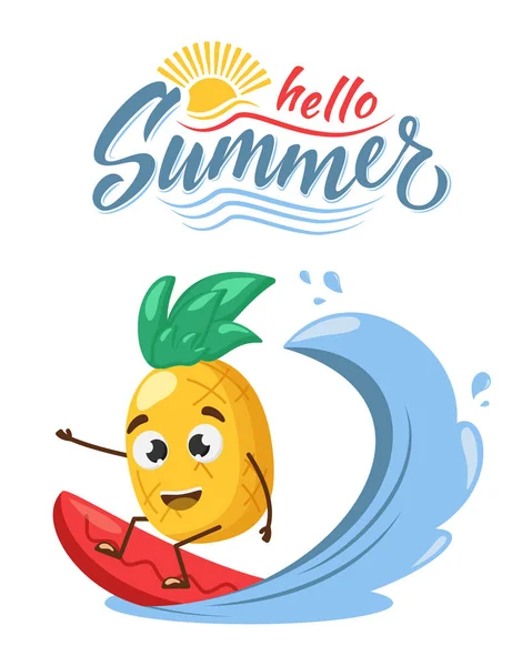 冲浪菠萝的性格 在冲浪板上的菠萝假期的概念 热带夏威夷人的生活方式 菠萝汁 热带水果 避暑胜地 儿童海报和夏季T恤衫设计 — 图库矢量图片