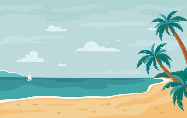 Pozadí Vektorové Pláže Tropické Pobřeží Palmami Jachtou Vodorovné Pozadí Letní — Stockový vektor