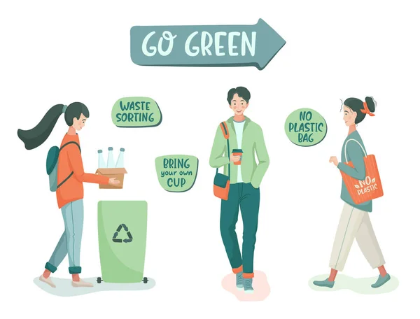 Ilustração Vetorial Eco Sem Desperdício Estilo Vida Vai Green Pessoas — Vetor de Stock