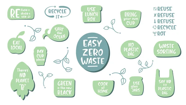 Kolekcja Naklejek Ekologicznych Hasłami Literowymi Łatwe Zero Odpadów Ratowanie Planety — Wektor stockowy