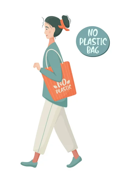 Mujer Joven Con Bolsa Ecológica Nada Plástico Estilo Ecológico Verde — Vector de stock