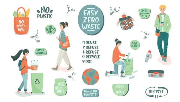 Eco Vector Illustratie Geen Verspilling Van Levensstijl Mensen Sorteren Afval — Stockvector