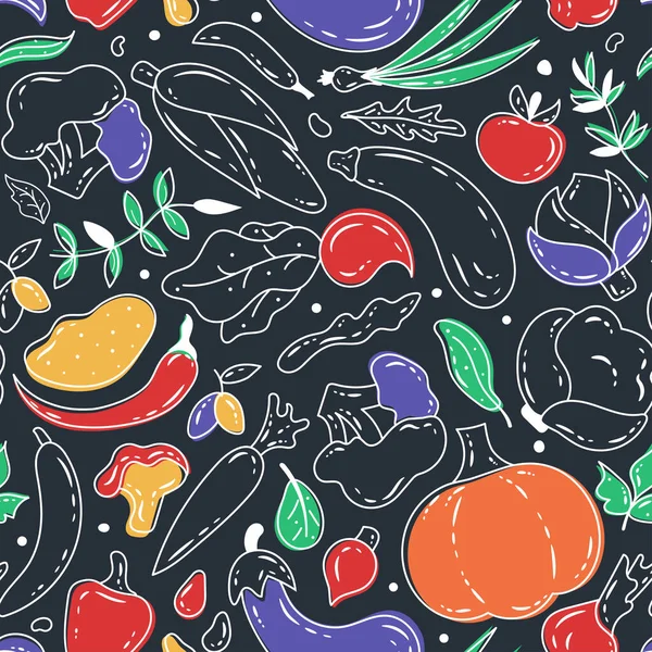 黑暗中的蔬菜无缝图案 健康食品背景 农场新鲜 生态蔬菜 素食素食 矢量图解 很适合餐厅菜单背景 健康食品的概念 — 图库矢量图片