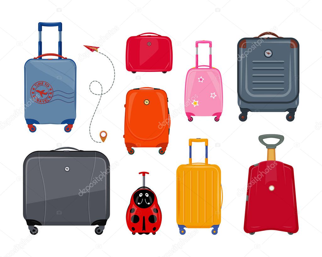 Set of colorful suitcases. Plastic suitcases and bags for luggage. Travel suitcase, journey package, business travel bag, trip luggage. Tourism, journey, vacation. Isolated vector illustration.