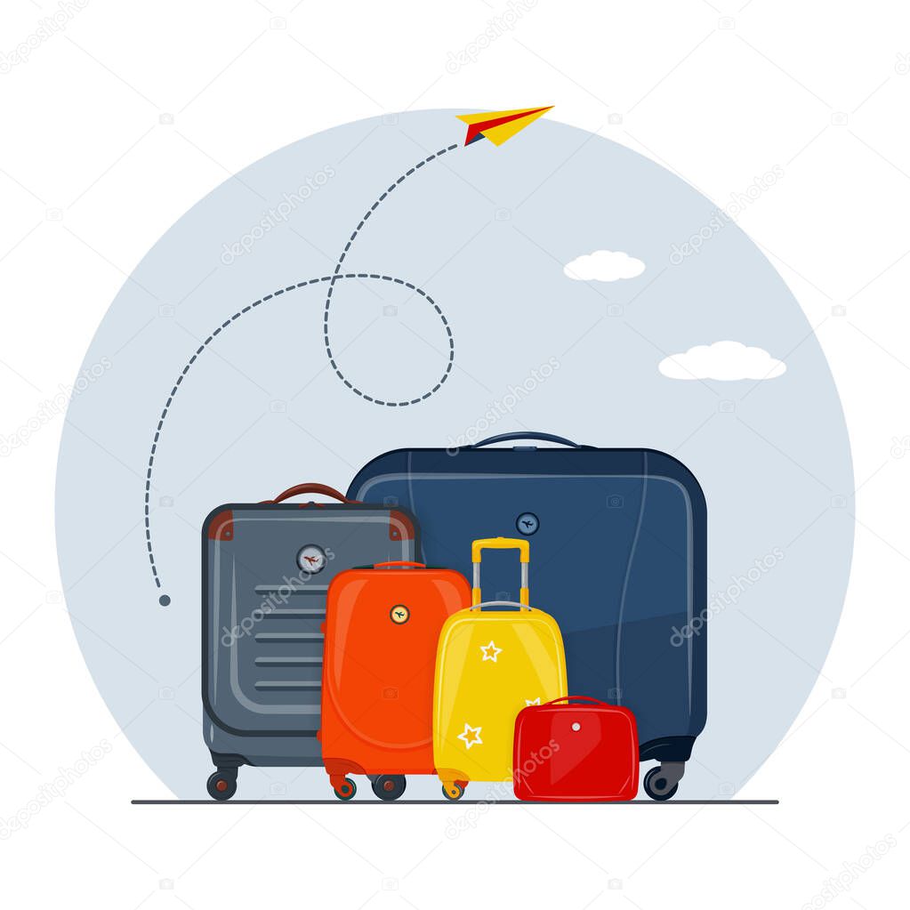 Travel concept vector illustration in flat style design. Time to Travel tourism poster design. Airplane flight route with start point and dash line trace near the tourists luggage. Vacation banner