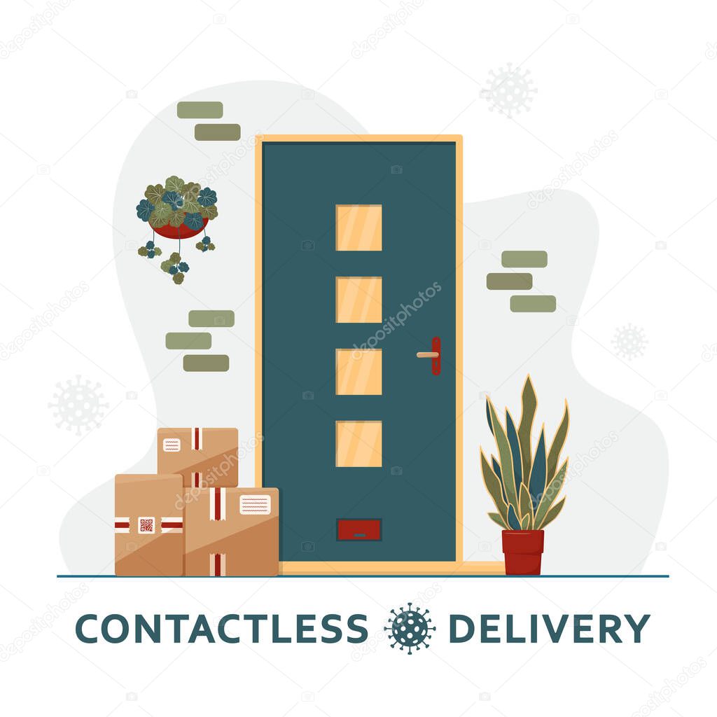Contactless delivery concept. Boxes of purchases stand at the door. Delivery concept. Non-contact express delivery service. Self isolation lifestyle. Online shopping during quarantine. Covid-19