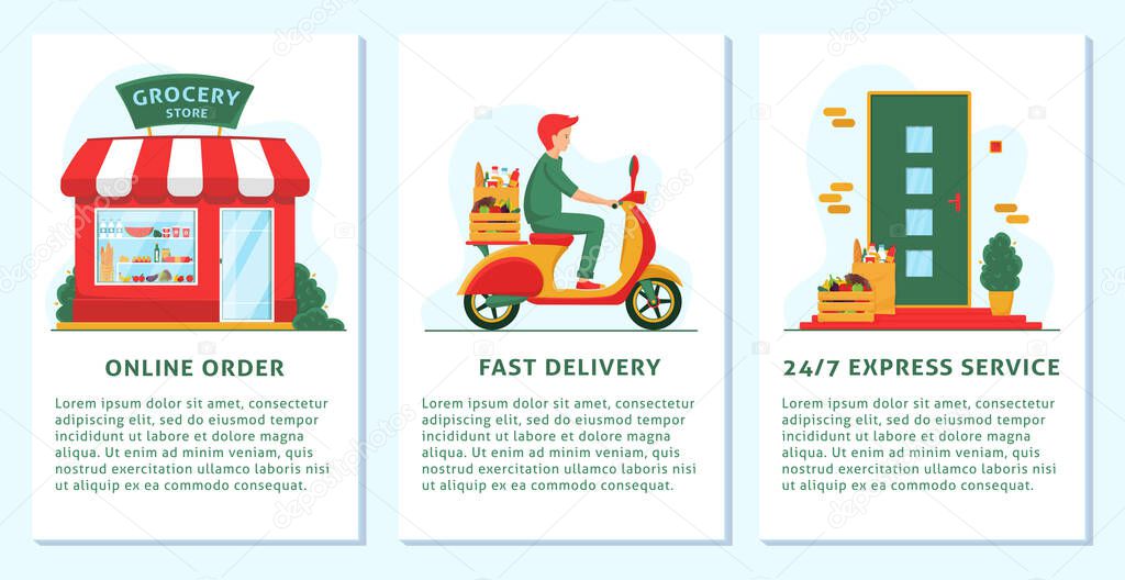 Grocery delivery concept banner, mobile app templates. Grocery store, delivery man on scooter, front door, box with fruit & vegetables. Isolated vector illustration, flat style. Contactless delivery.